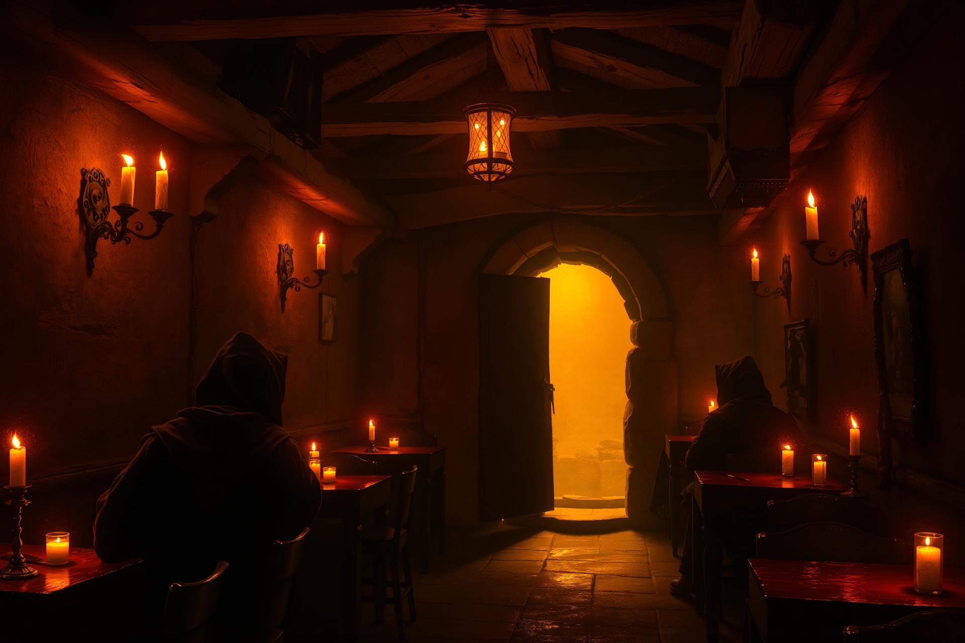 A candlelit medieval tavern with hooded figures at the tables